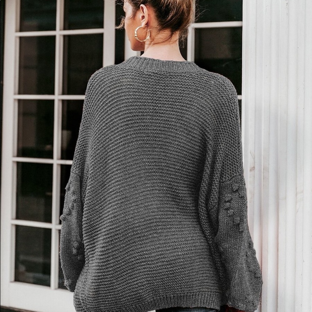 Charcoal heart pom Balloon Sleeve Knit Cardigan - Picture 5 of 5